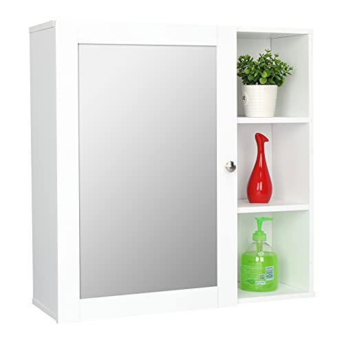 SSLine Modern White Bathroom Wall Cabinet with Mirror Door Wooden Medicine Cabinet Wall-Mounted Kitchen Storage Cabinets Space Saving Organizer with Open Shelves (D Type)