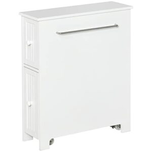 kleankin narrow bathroom cabinet on wheels, freestanding toilet paper holder with 2 drawers, towel rack, white
