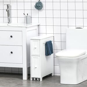 kleankin Narrow Bathroom Cabinet on Wheels, Freestanding Toilet Paper Holder with 2 Drawers, Towel Rack, White