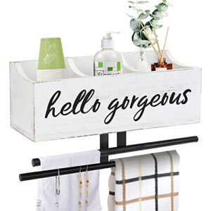 farmhouse bathroom cup holder,hair dryer holder wall mounted, hair tools and styling organizer with towel bar,