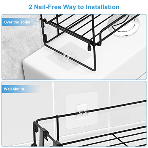 Vrisa 2 Pack Over The Toilet Storage Shelf 2-Tier Bathroom Organizer Over Toilet Multifunctional Toilet Rack with Hook and Paper Holder No Drilling Space Saver with Wall Mounted Design(Black)