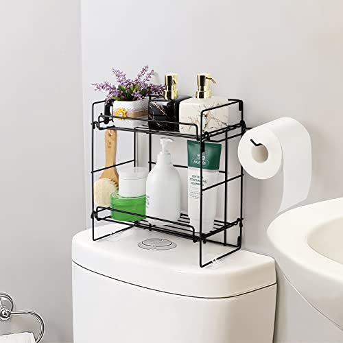 Vrisa 2 Pack Over The Toilet Storage Shelf 2-Tier Bathroom Organizer Over Toilet Multifunctional Toilet Rack with Hook and Paper Holder No Drilling Space Saver with Wall Mounted Design(Black)