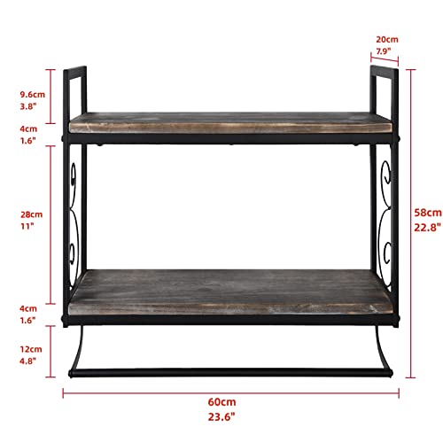 RONGCN 2-Tier Bathroom Shelves with Towel Bar, Over Toilet Storage Rack, 23.6 Inch Industrial Wall Mount Floating Shelf, Solid Wood and Metal Brackets