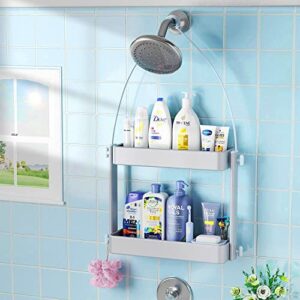 dabria shower caddy hanging, stable shower caddy over shower head with adjustable height, 3 in 1 rust proof shower organizer shelf, no drilling, 4 powerful suction cups, non-slip hanging shower caddy