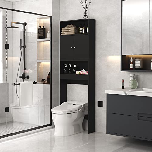 Aracari 77" Over The Toilet Storage Cabinet, Double Door Over Toilet Bathroom Organizer Toilet Cabinet with Open Shelves, Black