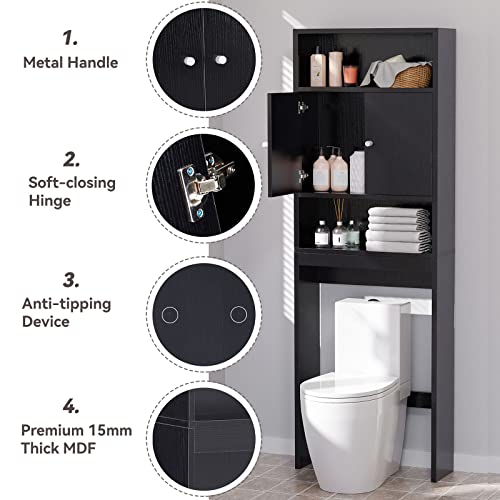 Aracari 77" Over The Toilet Storage Cabinet, Double Door Over Toilet Bathroom Organizer Toilet Cabinet with Open Shelves, Black