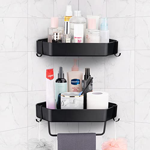 Corner Shower Caddy, 2-Pack Shower Organizer Shelf. Adhesive No Drilling Shower Rack, Rustproof Space Aluminium Shower Shelves for Bathroom Storage, with Towel Bar, Hair Dryer Holder and Hooks.