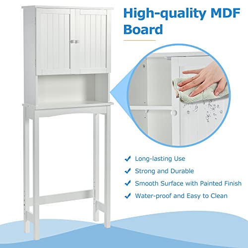 Merax, White Over-The-Toilet Storage, Freestanding Bathroom Cabinet with Two Doors and Adjustable Shelf