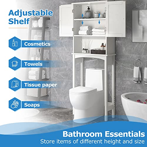 Merax, White Over-The-Toilet Storage, Freestanding Bathroom Cabinet with Two Doors and Adjustable Shelf