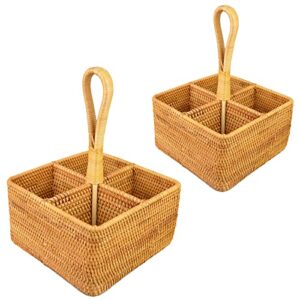 i-lan 2 pack 4 section square rattan basket with handle, 7”divided woven remote control basket tray with 5”wall , boho catch-all bottle caddy serving basket box for cosmetic organizer utensils holder