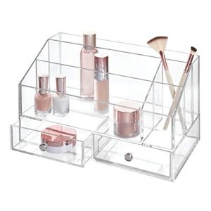 idesign plastic tiered divided cosmetic organizer with drawers for storage of makeup, and accessories on vanity, countertop, or cabinet, 12.97" x 6.96" x 8.25" - clear