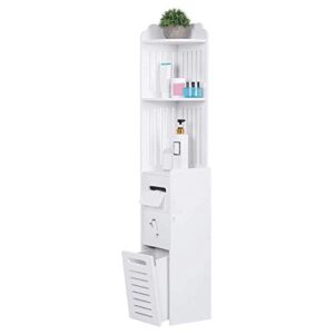 small bathroom storage corner floor cabinet, white free standing storage organizer side cabinet thin toilet vanity cabinet with doors and shelf for paper holder shampoo