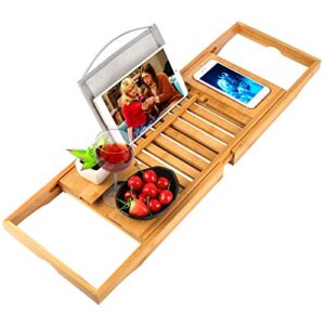 bathtub tray bamboo bathtub caddy tray with extending sides adjustable book holder with premium luxury tray organizer for phone and wineglass (wooden)