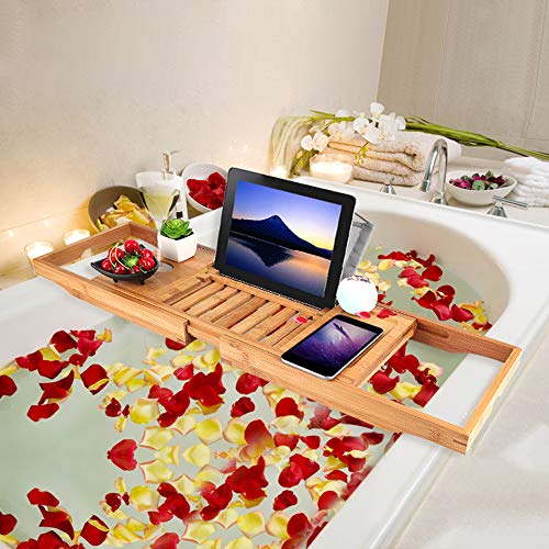 Bathtub Tray Bamboo Bathtub Caddy Tray with Extending Sides Adjustable Book Holder with Premium Luxury Tray Organizer for Phone and Wineglass (Wooden)