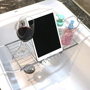 bdl stainless steel bathtub caddy tray, expandable bath tub table shelf bath organizer with reading pad rack or tablet holder, candle holder and including two wine glass holders (silver)