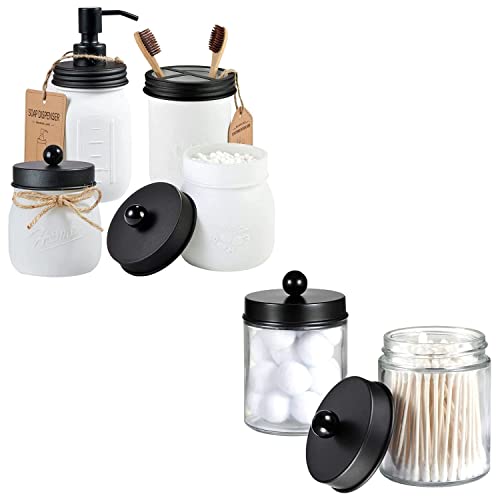 4PC Mason Jar Bathroom Accessories Set —White Retro Mason Jar Lotion Soap Dispenser & 2 Qtip Holder & Toothbrush Holder,Rustic Farmhouse Decor+2 PC Apothecary Jars Bathroom Vanity Organizer,Black