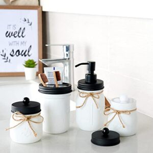 4PC Mason Jar Bathroom Accessories Set —White Retro Mason Jar Lotion Soap Dispenser & 2 Qtip Holder & Toothbrush Holder,Rustic Farmhouse Decor+2 PC Apothecary Jars Bathroom Vanity Organizer,Black