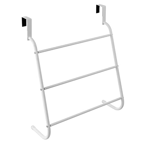 MyGift Modern White Metal 3-Tiered Bars Over-The-Door Bath Towel Holder and Clothing Hanger, Space Saving Bathroom Storage Door Hanging Drying Rack