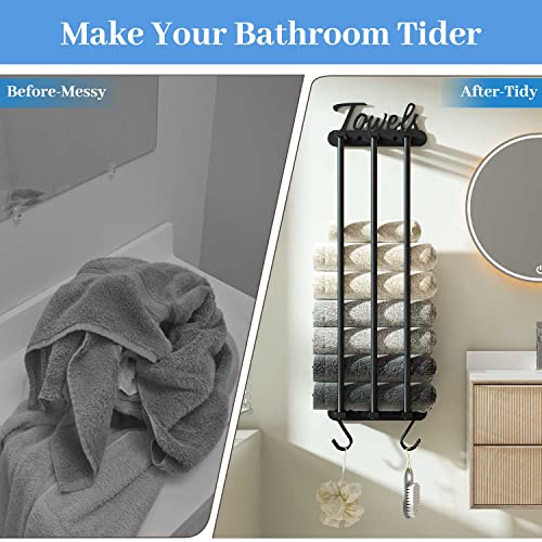 Wall Mounted Towel Rack for Rolled Towels, Upgrade 3 Bar Towel Storage Rack for Bathroom, BUDO Organizer for Folded Large Towel, Washcloths, Hand Towels(Black)