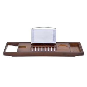 luxury bathtub caddy tray，bamboo bathtub tray caddy - wood bath tray expandable，can be placed book and integrated tablet smartphone and wine holder - gift idea for loved ones--brown