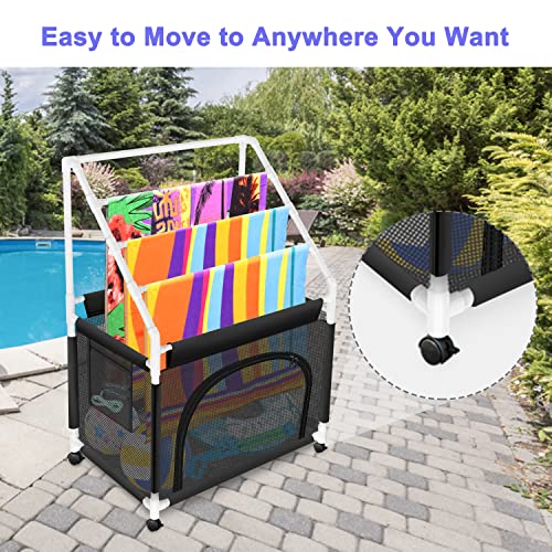 Heavy Duty Vertical Poolside Pipe Towel Rack for Pool, Lake, RV, PVC Outdoor Pool Beach Towel Rack Shelf with Organizer Net Mesh and Moveable Wheels, 4 Small Towel Clips and Installation Hammer