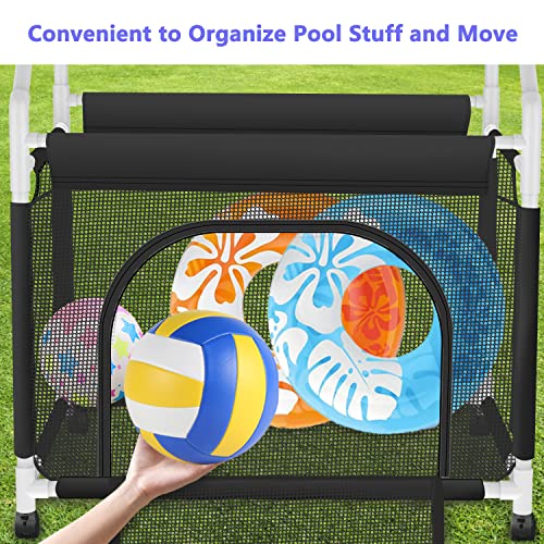 Heavy Duty Vertical Poolside Pipe Towel Rack for Pool, Lake, RV, PVC Outdoor Pool Beach Towel Rack Shelf with Organizer Net Mesh and Moveable Wheels, 4 Small Towel Clips and Installation Hammer