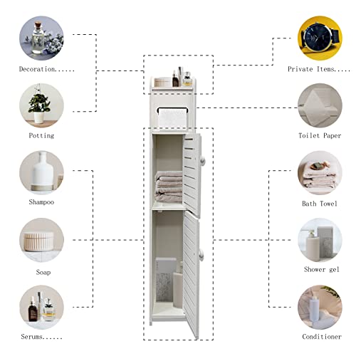 KISSWILL Small Bathroom Storage Cabinet, Slim Toilet Paper Storage Cabinet with 2 Doors & Shelves, Over Toilet Storage Cabinet for Skinny Bathroom Space Corner (White)