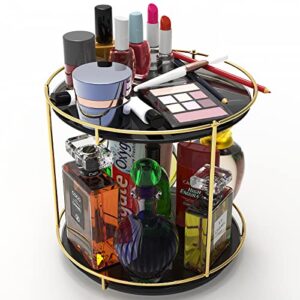 craena 360 rotating makeup organizer with 2 tier tray for vanity and bathroom, black tempered glass and stainless steel gold, cosmetic storage and skincare holder with vintage style(gold)