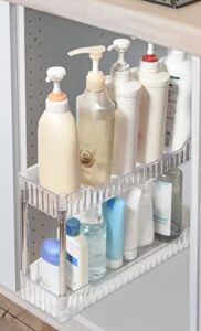 sincey slim under sink bathroom shower shelf organizer, 2-tier clear acrylic trays shelf for countertop,counter corner,vanity,cabinet small narrow spaces, multi-storage for toiletry,skincare,makeup