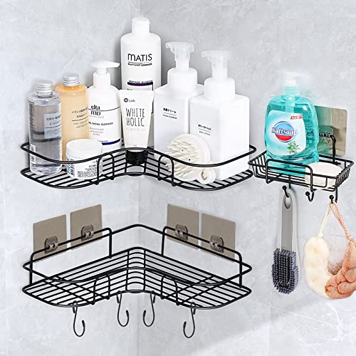 3-Pack Corner Shower Caddy Basket with Soap Dish Hooks, Stainless Steel No Drilling Wall Shelves, Rustproof Black Shower Storage Organizer Holder for Bathroom, Washroom, Toilet, Kitchen