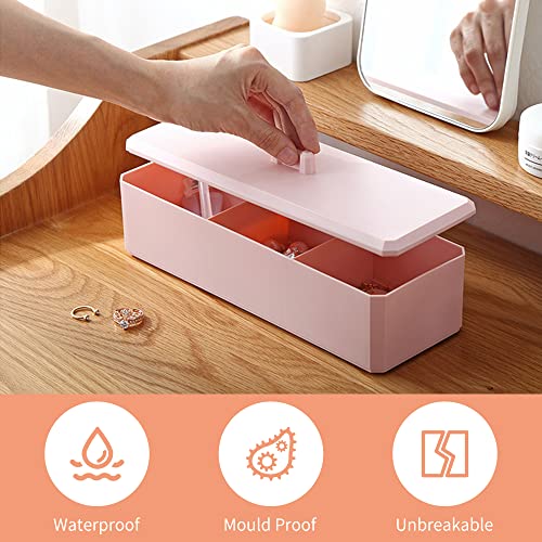 Ezebesta 3 Divider Organizer for Cotton Swab Ball Qtip Cotton Pads Holder Plastic Container Dispenser Box with Lid for Bathroom Storage ( Pink )