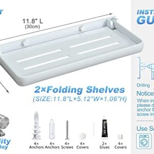 SKIKEN Wall Mounted Bathroom Folding Shelf, Small Shelves Rack for Laundry Room, 90° Fold Up, Metal Folding Panels for Bedside, Toilet Room, Extra Storage Shelf (2-Pack, White)