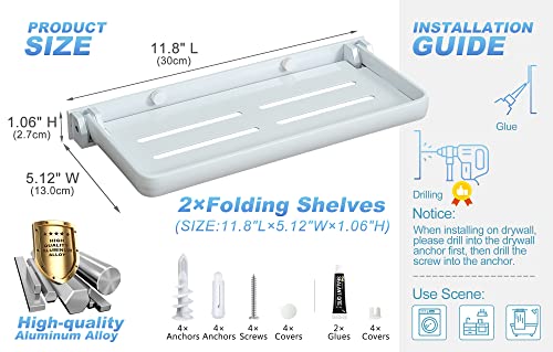 SKIKEN Wall Mounted Bathroom Folding Shelf, Small Shelves Rack for Laundry Room, 90° Fold Up, Metal Folding Panels for Bedside, Toilet Room, Extra Storage Shelf (2-Pack, White)