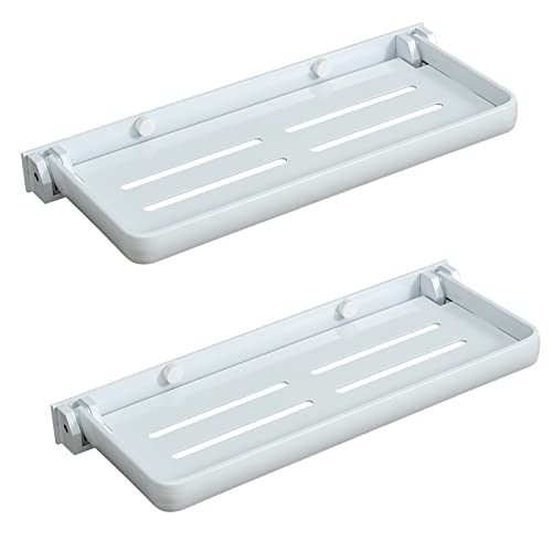 SKIKEN Wall Mounted Bathroom Folding Shelf, Small Shelves Rack for Laundry Room, 90° Fold Up, Metal Folding Panels for Bedside, Toilet Room, Extra Storage Shelf (2-Pack, White)