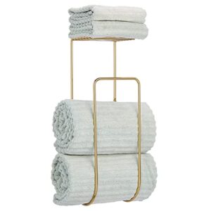 mdesign bathroom towel holder and organizer with storage shelf - modern metal wall mount towel rack - towel holder rack for bathroom with shelf for accessories - concerto collection - soft brass