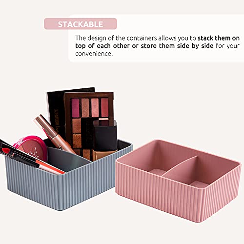 EDNA HOME Makeup Storage Organizers, 2-Set, Stackable Cosmetics & Jewelry Holders w/ Double Compartment, HQ Plastic, Suitable for Dresser, Nightstand, Vanity & Countertop, Gray/Rose, Made in Europe