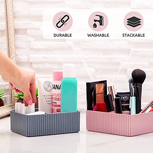 EDNA HOME Makeup Storage Organizers, 2-Set, Stackable Cosmetics & Jewelry Holders w/ Double Compartment, HQ Plastic, Suitable for Dresser, Nightstand, Vanity & Countertop, Gray/Rose, Made in Europe