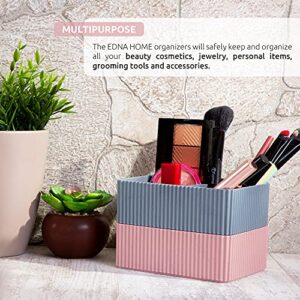 EDNA HOME Makeup Storage Organizers, 2-Set, Stackable Cosmetics & Jewelry Holders w/ Double Compartment, HQ Plastic, Suitable for Dresser, Nightstand, Vanity & Countertop, Gray/Rose, Made in Europe