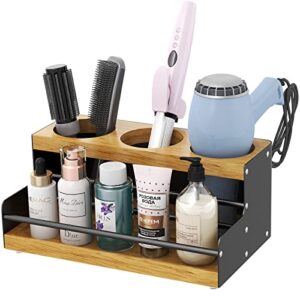 doku wood and metal hair dryer holder, countertop hair tool organizer for bathroom, countertop blow dryer holder hair styling vanity caddy storage for makeup, accessories, toiletries