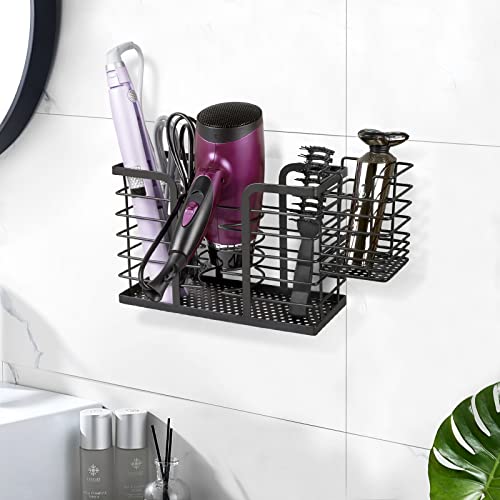 RedCall Hair Tool Organizer with Additional Basket,Hanging Metal Hair Dryer Holder Storage Cabinet Door Countertop Stand,Blow Dryer Holder Wall Mount,Hot Tools Organizer Bathroom Curling Iron Holder