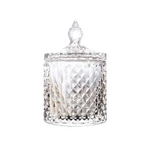 jieqijiaju glass qtip holder with lid, decorative glass apothecary jar crystal canister jar bathroom vanity organizer for q-tips, cotton ball & swab, cotton pads, hair band, candy storage