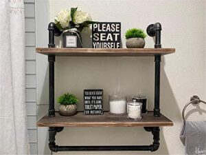 industrial bathroom shelves wall mounted 2 tiered,24in pipe shelving wood shelf with towel bar,rustic farmhouse towel rack,metal floating shelves towel holder,iron distressed shelf over toilet