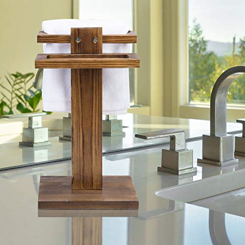 MyGift 2-Tier Bathroom Counter Towel Holder Rack, Burnt Wood Tabletop Bath Hand Towel Stand