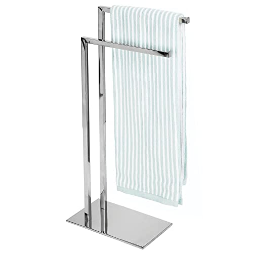 mDesign Tall Modern Stainless Steel Towel Rack Holder - 2 Tier Organizer for Bathroom Storage and Organization Next to Tub or Shower, Holds Bath & Hand Towels, Washcloths - Chrome