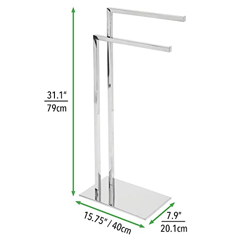 mDesign Tall Modern Stainless Steel Towel Rack Holder - 2 Tier Organizer for Bathroom Storage and Organization Next to Tub or Shower, Holds Bath & Hand Towels, Washcloths - Chrome