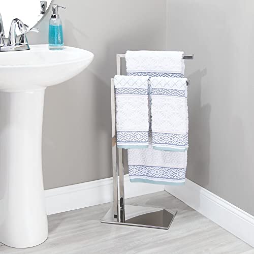 mDesign Tall Modern Stainless Steel Towel Rack Holder - 2 Tier Organizer for Bathroom Storage and Organization Next to Tub or Shower, Holds Bath & Hand Towels, Washcloths - Chrome