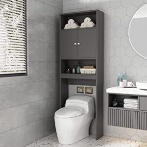 Voohek Bathroom Toilet Shelf, 3-Tier Storage Cabinet Shelves Organizer SpaceSaver w/Doors, for Laundry, Grey