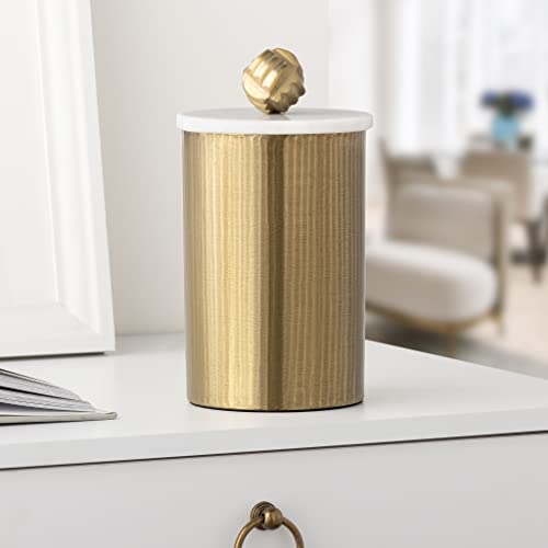 Torre & Tagus Tomar Metal Decorative Jar with Marble Lid - Handmade Home Decor Accent / Aluminum Storage Container / Modern Bathroom Canister, Abstract Rustic Decor for Decoration, 9.25" Tall, Gold