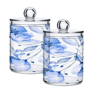 Kigai Blue Flowers Qtip Holder - 14OZ Clear Plastic Apothecary Jars Bathroom Canister Dispenser Organizer Vanity Storage Jar with Lid for Cotton Ball, Cotton Swab, Floss (2PACK)