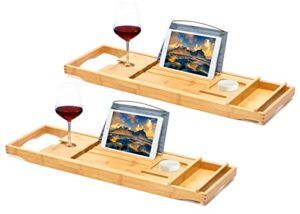 royalhouse bamboo bathtub caddy tray, expandable bath table over tub with glass book, adjustable organizer tray for bathroom, wine and phone holder, ideal gift for family & friends (pack 2)